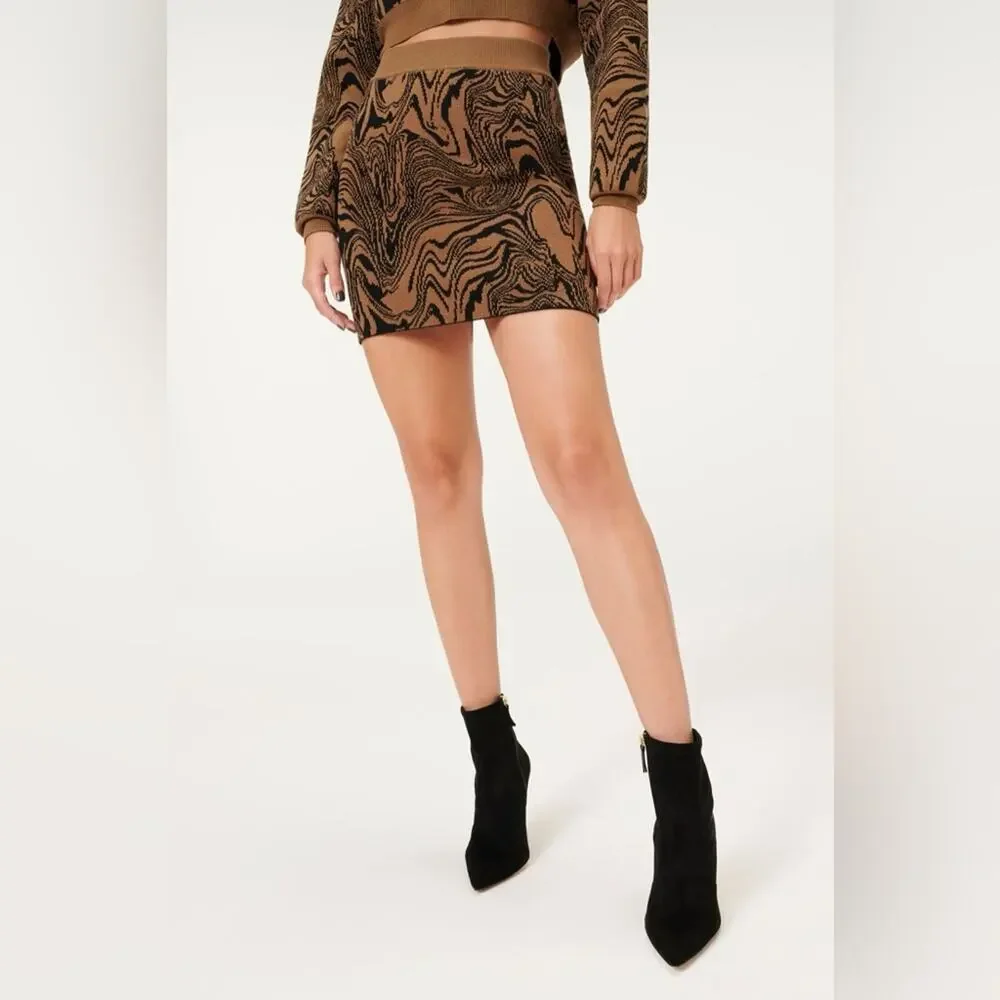 Good American Instarsia Knit Mini Skirt Stretch Sepia Swirl‎ Black Size 00/0